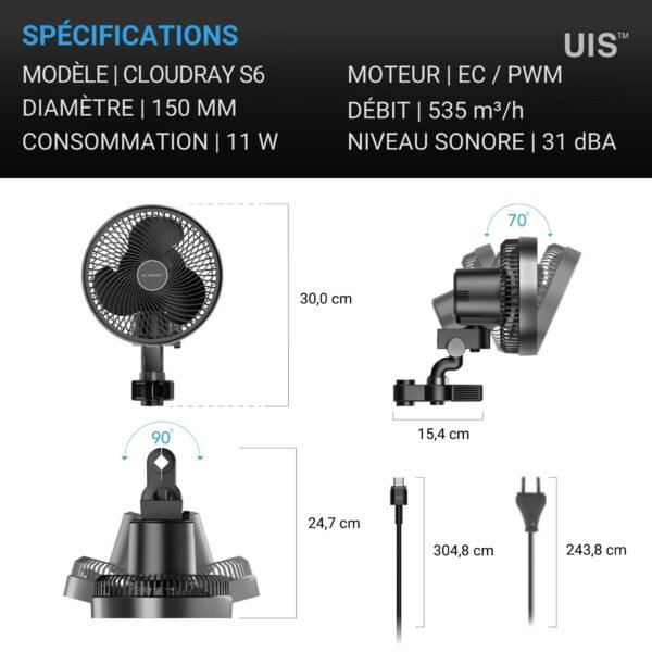 AC INFINITY CLOUDRAY S6, GEN 2, Ventilateur oscillant à pince pour tente de culture 150 mm avec 10 vitesses, moteur EC, oscillation auto – Image 7