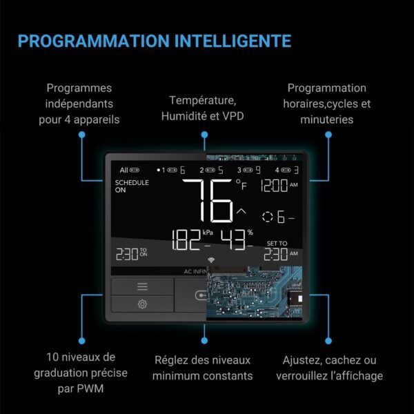AC INFINITY CONTROLLER 69 PRO, Programmes indépendants pour 4 appareils, VPD, Température, Humidité, Plannings, Bluetooth + Wifi – Image 3