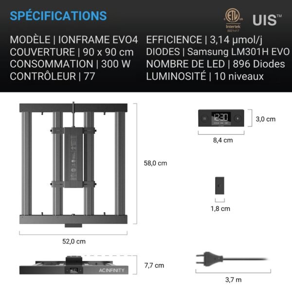 AC INFINITY IONFRAME EVO4, Samsung LM301H EVO Lampe de culture LED 300W, 3,14 µmol/J, jusqu'à 100 x 100 cm – Image 7