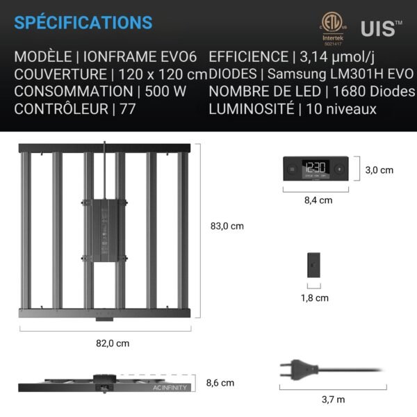AC INFINITY IONFRAME EVO6, Samsung LM301H EVO Lampe de culture LED 500W, 3,14 µmol/J, jusqu'à 120 x 120 cm – Image 7