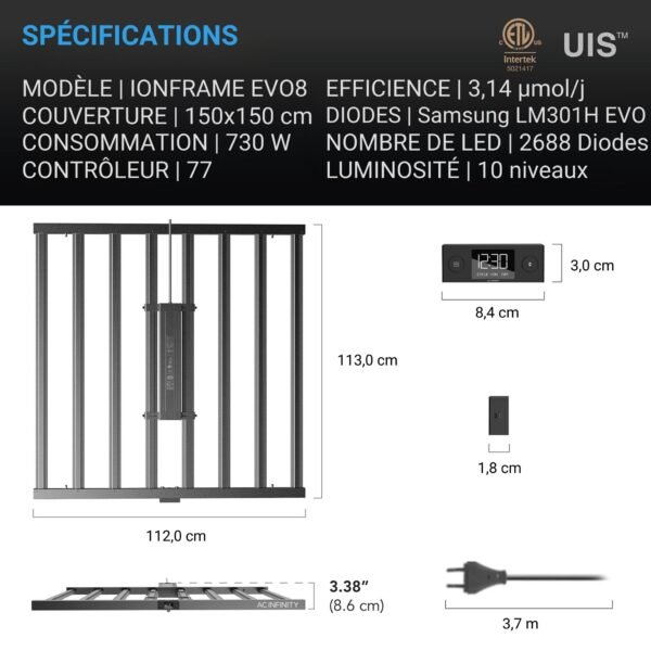 AC INFINITY IONFRAME EVO8, Samsung LM301H EVO Lampe de culture LED 730W, 3,14 µmol/J, jusqu'à 150 x 150 cm – Image 7