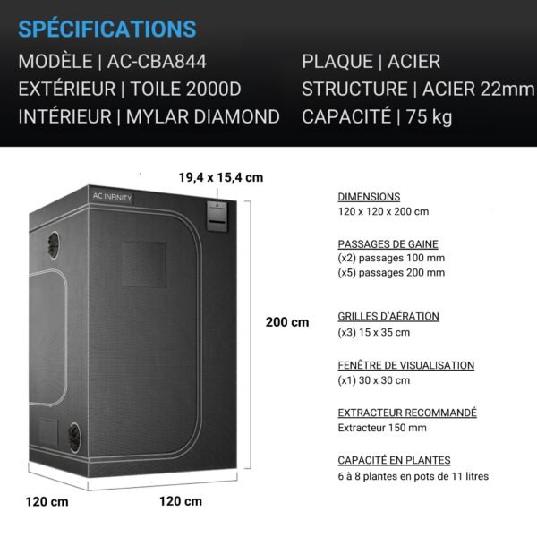 AC INFINITY CLOUDLAB 844, Tente de culture, tissu Mylar Diamond 2000D, 120 cm x 120 cm x 200 cm – Image 6