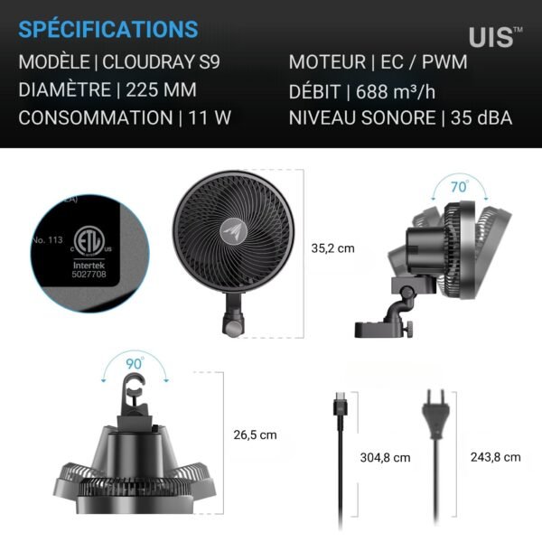 AC INFINITY CLOUDRAY S9, GEN 2, Ventilateur oscillant à pince pour tente de culture 225 mm avec 10 vitesses, moteur EC, oscillation auto – Image 7