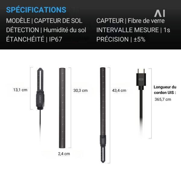 AC INFINITY Sonde de sol exclusivement pour Controller AI+, surveille les niveaux d'humidité et de saturation, résistance à l'eau IP67 – Image 6
