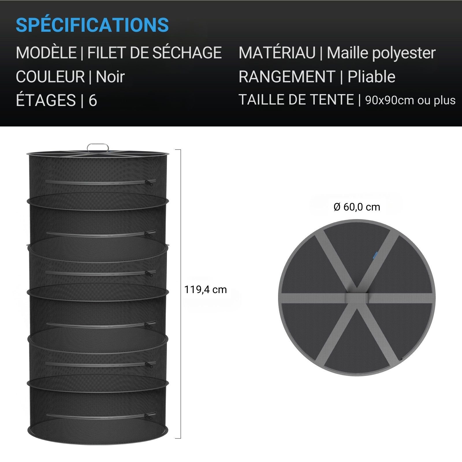 AC INFINITY Filet de séchage suspendu à 6 étages, diamètre 60 cm – Image 5