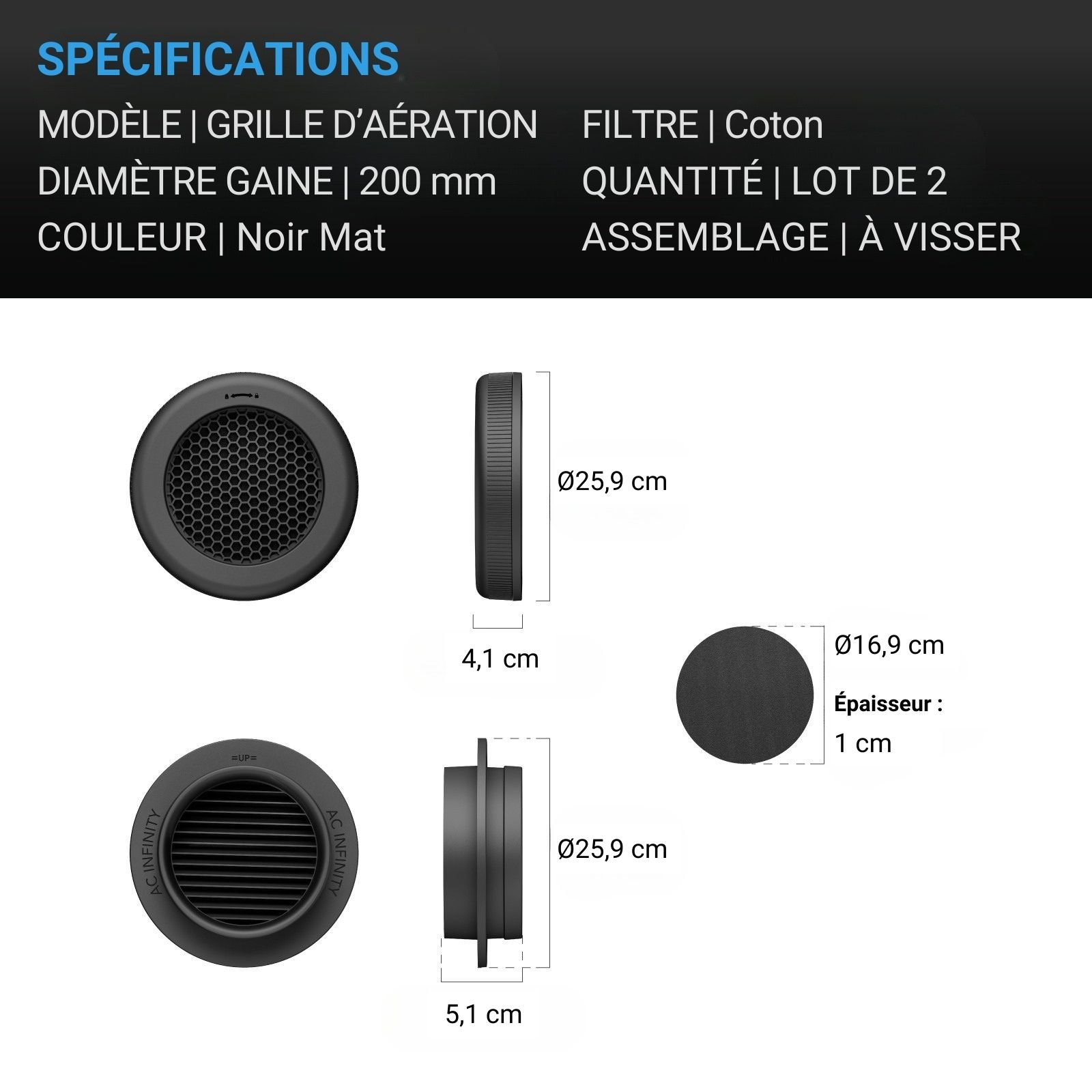 AC INFINITY Grille d'aération Ø200mm, Anti-Lumière et Anti-Poussière, Lot de 2 – Image 7